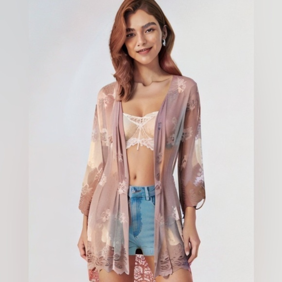 Paper + Tee Dusty Rose Lace Asymmetrical Lace Open Cardigan Kimono - Picture 1 of 8